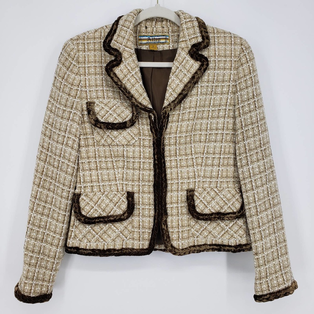 Y2K Allen by Allen Schwartz‎ Tweed Blazer Jacket 8 Velvet Trim Vintage Tan Brown